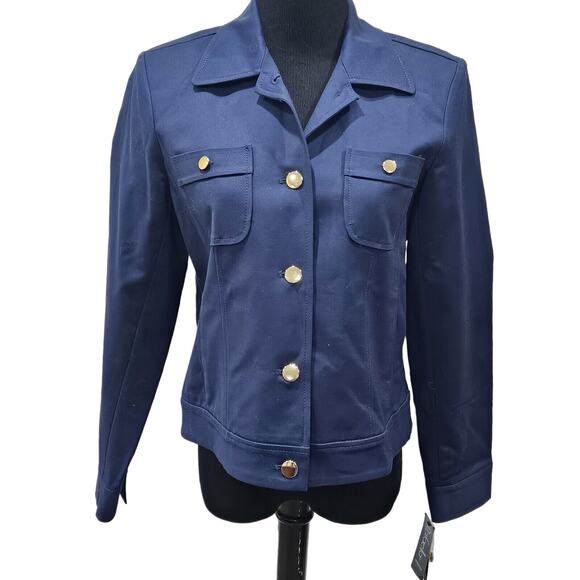 Rafaella Vintage Nautical Blue Stretch Cropped Jacket Shoulder Pads Size 10 - Picture 1 of 12